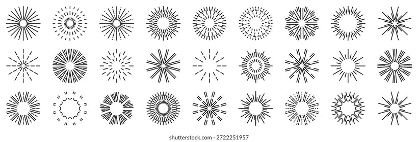 Icono de rayos radiales Sunburst colección en negro. Conjunto de Formas starburst, rayos circulares, ráfagas de luz y Elementos decorativos