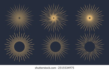 Sunburst radial stripes or sunburst icons set. Collection of retro star rays design. Starburst sunburst round shape. Vector illustration.
