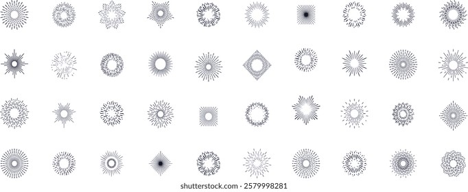 Sunburst. Radial sunlight vintage emblems, bursting rays sunrise. Firework starbursts, blast burst sunset star light sunshine spark. Explode, trendy sunbeam vector set