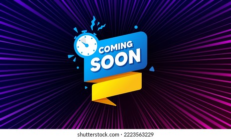 Sunburst ray beam banner. Coming soon paper banner. Timer announcement tag. New open time icon. Offer explosion background. Sun burst ray effect. Coming soon badge. Vector