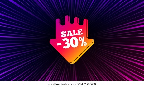 Sunburst ray beam banner. Sale 30 percent off sticker. Discount banner shape. Coupon arrow icon. Offer explosion background. Sun burst ray effect. Sale 30 percent badge. Vector
