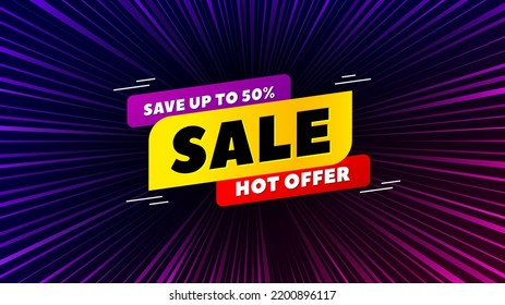 Sunburst ray beam banner. Sale 50 percent off banner. Discount sticker shape. Hot offer icon. Offer explosion background. Sun burst ray effect. Sale 50 badge. Vector