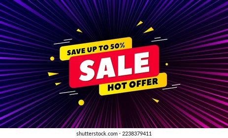 Sunburst ray beam banner. Sale 50 percent off banner. Discount sticker shape. Coupon tag icon. Offer explosion background. Sun burst ray effect. Sale 50 percent badge. Vector