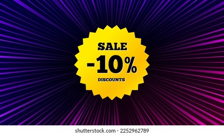 Sunburst ray beam banner. Sale 10 percent off banner. Discount sticker shape. Coupon star icon. Offer explosion background. Sun burst ray effect. Sale 10 percent badge. Vector