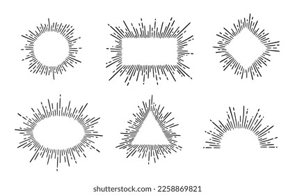 Conjunto de elementos de marco vintage de rayo de sol. Brillo dibujado a mano con ráfagas de estrella, insignia retro, marco de decoración de círculo de logotipo. Ilustración vectorial.