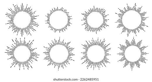 Conjunto de elementos de marco vintage de rayo de sol. Brillo dibujado a mano con ráfaga de estrella, insignia de hipster, marco de decoración de círculo de logotipo. Ilustración vectorial.