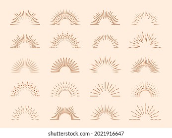 Sunburst rays. Abstract sun, esoterico burst boho style. Bohemian tattoo, retro line sunrise logo. Minimalist fireworks tidy vector collection