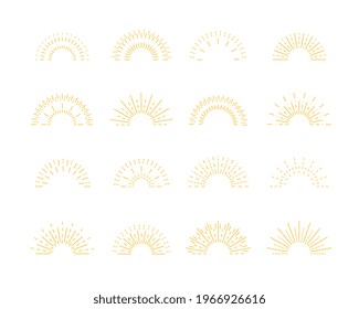 Rayos de sol. Aislada explosión de sol, retro línea emblema del sol. Hipster amanecer, señal de sol de verano. Elementos vectoriales de los pronuncios gráficos radiales de época