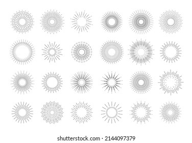 Sunburst rays. Line firework explosion decorative elements template for logotype emblem and banner. Vector isolated set. Bengal light or firecracker bursting, holiday event celebration