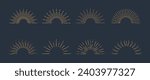 Sunburst rays set in golden vintage style. Bursting gold sun rays collection. Hand drawn radial sunset beams isolated for logo, tag, stamp, banner, invitation, boho designs. Vector illustration