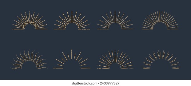 Sunburst rays set in golden vintage style. Bursting gold sun rays collection. Hand drawn radial sunset beams isolated for logo, tag, stamp, banner, invitation, boho designs. Vector illustration