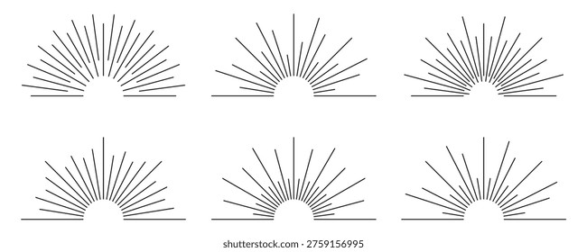 Sunburst rays set in minimalist line art style. Abstract sunrise and radiant sun beam elements with geometric lines and semi circle shapes. Retro sun rays and sunburst design elements. Vector