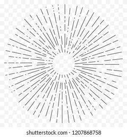 Sunburst and rays of sun on transparent background, linear drawing. Vector