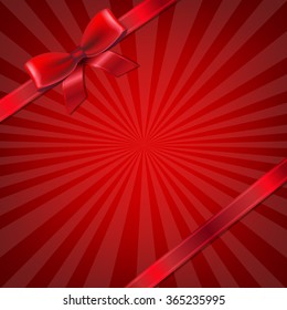 Sunburst With Red Ribbon And Bow With Gradient Mesh, Vector Illustration