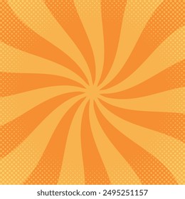 Sunburst retro background. Radial twisted yellow and orange sun rays pop art style.