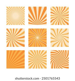 Sunburst Retro-Hintergründe gesetzt. Radial verdreht gelb und orange sunburst 60s 70s Stil.