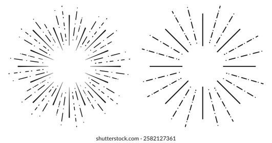 Sunburst Retro Dash Lines Radial Vector Illustration. Sunburst Rays Fireworks Vintage Circular Element Isolated Vector Illustration