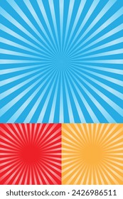 Sunburst retro radial pattern set, three different variants of colors, ray background vintage, retro round lines, vector