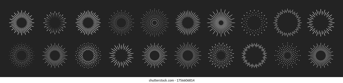 Sunburst set. Big collection sunburst best quality. Star, firework explosion, logo, emblem, tag. Web banner. Vector Illustration.