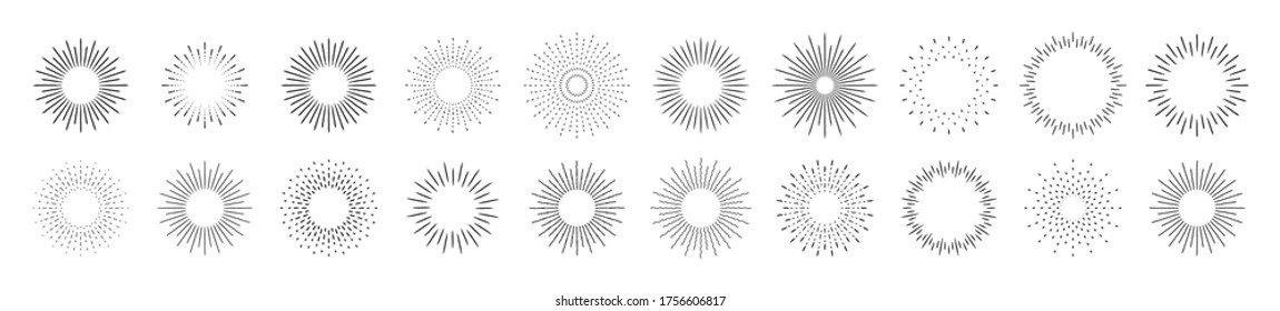 Sunburst set. Big collection sunburst best quality. Star, firework explosion, logo, emblem, tag. Web banner. Vector Illustration.