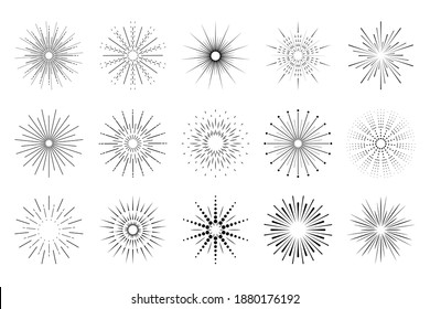 Sunburst set. Big collection of rays in a linear style. Fireworks black sparks. A trending design element for a website, banner, or stamp. vector illustration.