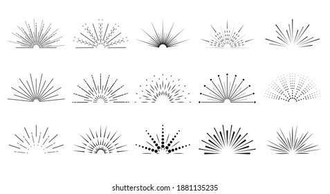 Sunburst set. Big collection of rays in a linear style. Fireworks black sparks. A trending design element for a website, banner, or stamp. vector illustration.