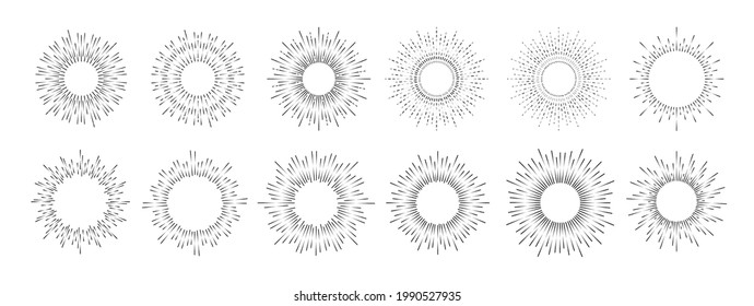 Sunburst set black color isolated on white background for decoration, logo, emblem, tag, badge. Star, firework explosion, rays of light collection. Vector Illustration 10 eps