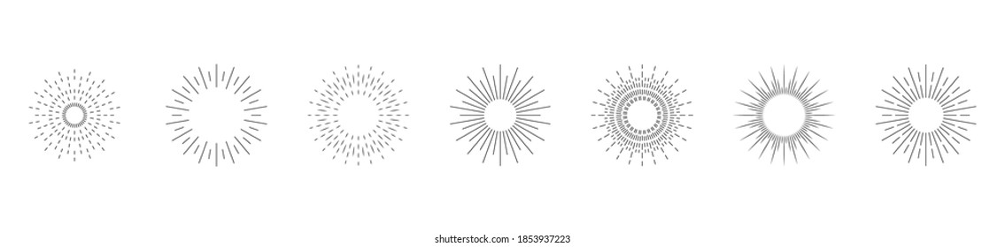 Sunburst set. Collection of firework or starbursts with  bursting rays, sunrise burst for logotype, emblem, logo, tag, stamp, banner. Vector illustration