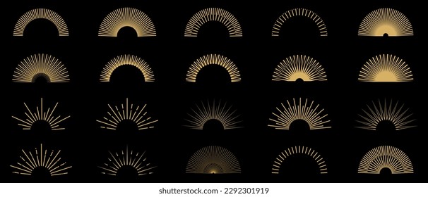 Sunburst set. Collection sunburst on black background. Star, firework explosion, logo, emblem. Linear style. - Vector illustration EPS 10