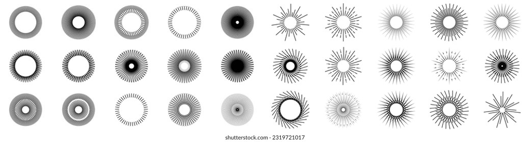 Sunburst set. Collection sunburst. Star, firework explosion, logo, emblem. Linear style. - Vector illustration EPS 10