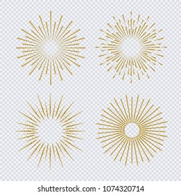 Sunburst set gold glitter style isolated on transparent background. Firework explosion, star, rays of light collection. Vector Illustration 10 eps