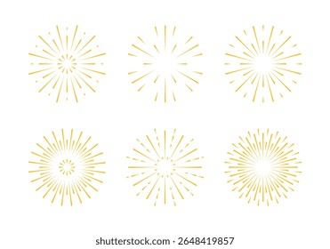 Sunburst definido. Forma de linhas radiais douradas. Fogos de artifício abstratos em estilo plano isolados sobre fundo branco. Explosão pirotécnica brilhante para design de festival