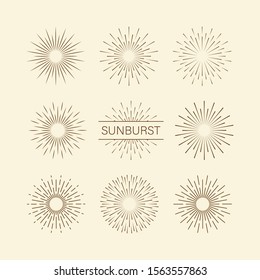 Sunburst set gold style isolated on background for logotype, emblem, logo, tag. Firework explosion, star. Vector stock illustration.