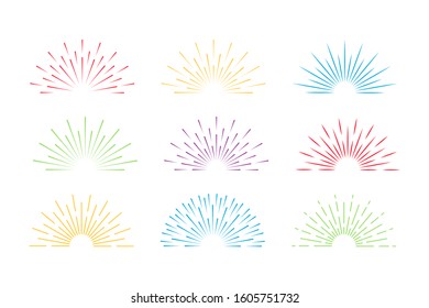 Sunburst set gold style isolated on background for logotype, emblem, logo, tag. Firework explosion, star. Vector stock illustration.