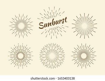 Sunburst set gold style isolated on background for logotype, emblem, logo, tag. Firework explosion, star. Vector stock illustration.