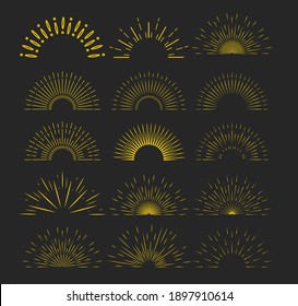 Sunburst set gold style isolated on white background for logo. Trendy Hand Drawn Retro Bursting Rays Design Elements.