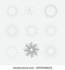 Sunburst set gold style isolated on white background for logo, tag, stamp, t shirt, banner, emblem. Vector Illustration 10 eps