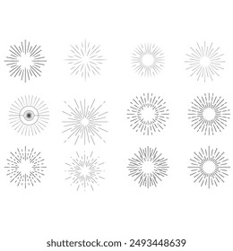 Sunburst set gold style isolated on white background for logo, tag, stamp, t shirt, banner, emblem. Vector Illustration 10 eps