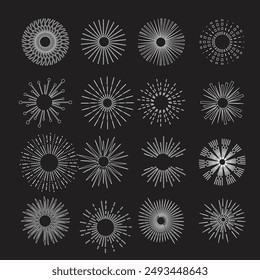 Sunburst set gold style isolated on white background for logo, tag, stamp, t shirt, banner, emblem. Vector Illustration 10 eps
