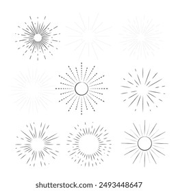 Sunburst set gold style isolated on white background for logo, tag, stamp, t shirt, banner, emblem. Vector Illustration 10 eps