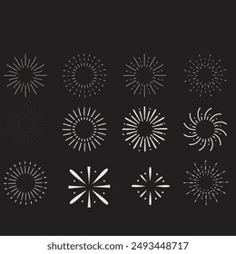 Sunburst set gold style isolated on white background for logo, tag, stamp, t shirt, banner, emblem. Vector Illustration 10 eps