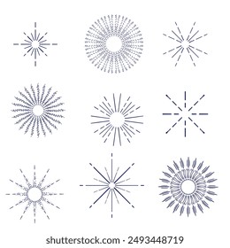 Sunburst set gold style isolated on white background for logo, tag, stamp, t shirt, banner, emblem. Vector Illustration 10 eps