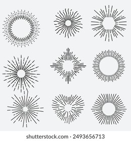 Sunburst set gold style isolated on white background for logo, tag, stamp, t shirt, banner, emblem. Vector Illustration 10 eps