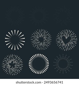 Sunburst set gold style isolated on white background for logo, tag, stamp, t shirt, banner, emblem. Vector Illustration 10 eps