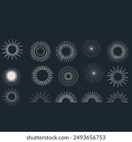 Sunburst set gold style isolated on white background for logo, tag, stamp, t shirt, banner, emblem. Vector Illustration 10 eps