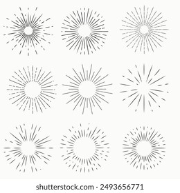 Sunburst set gold style isolated on white background for logo, tag, stamp, t shirt, banner, emblem. Vector Illustration 10 eps