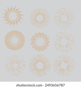 Sunburst set gold style isolated on white background for logo, tag, stamp, t shirt, banner, emblem. Vector Illustration 10 eps