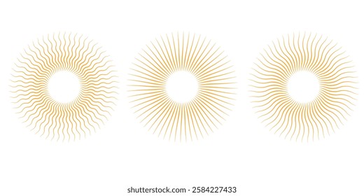 Sunburst set gold style. Sunlight logo icon element for your design. Golden sunburst frames collection. EPS Vector illustration