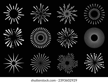 Sunburst set, happy new year firework, web banner, fireworks with stars and sparks, vector illustration isolated