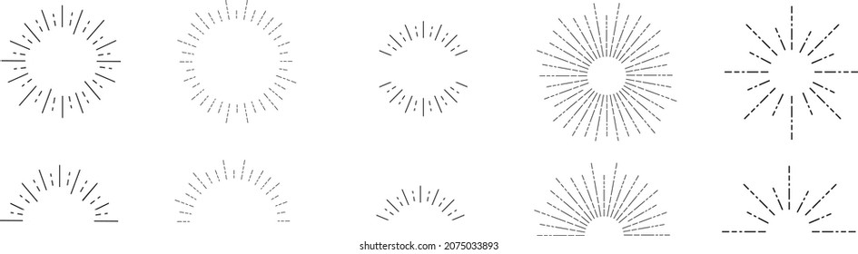 Sonnenbrand. Sunburst Icon Sammlung Vektorgrafik.Retro Sonnenburst Design.Große Sammlung sunburst beste Qualität. Burs.Sunrise-Strahlen Licht Berstlinie glänzt Sonnenlicht Sonnenlicht Vintage-Symbol
